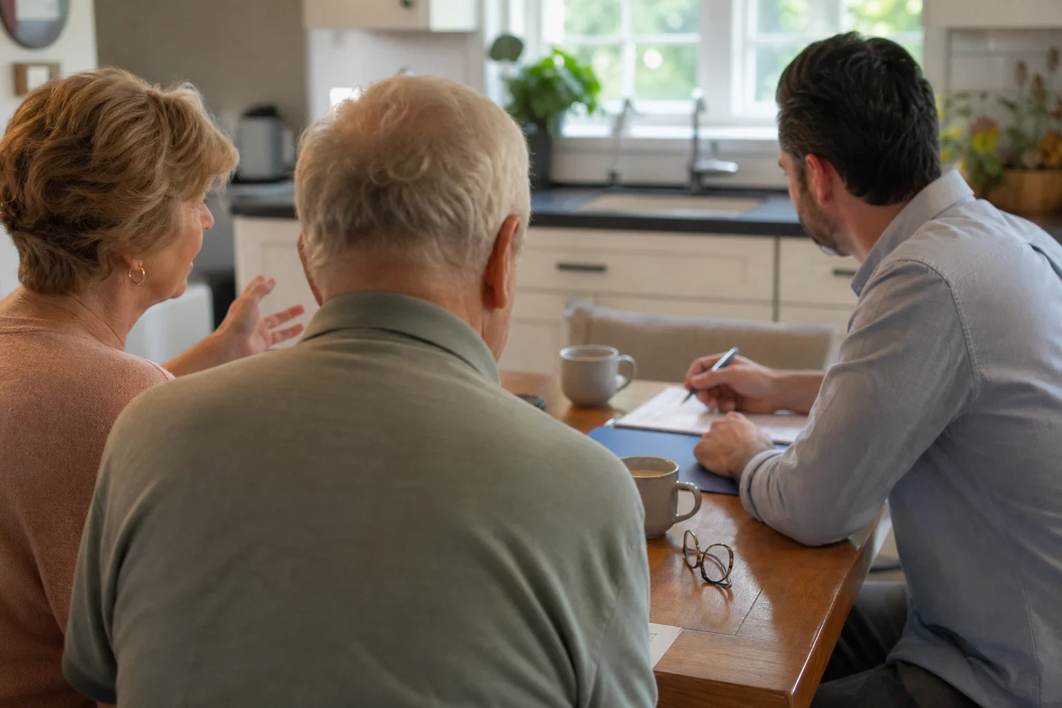 Agent in a blue shirt takes notes at a wooden kitchen table with an older couple, coffee mugs and reading glasses on the table, sink and window behind