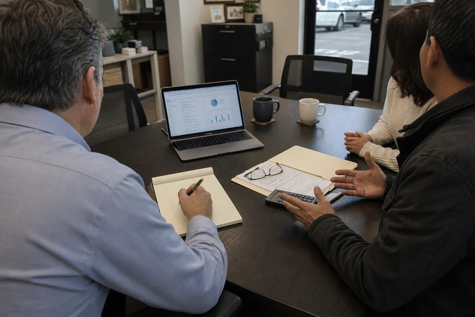 Agent in a blue button-down takes notes on a legal pad while a couple talks at a dark conference table with a laptop, folder, and calculator in a storefront office