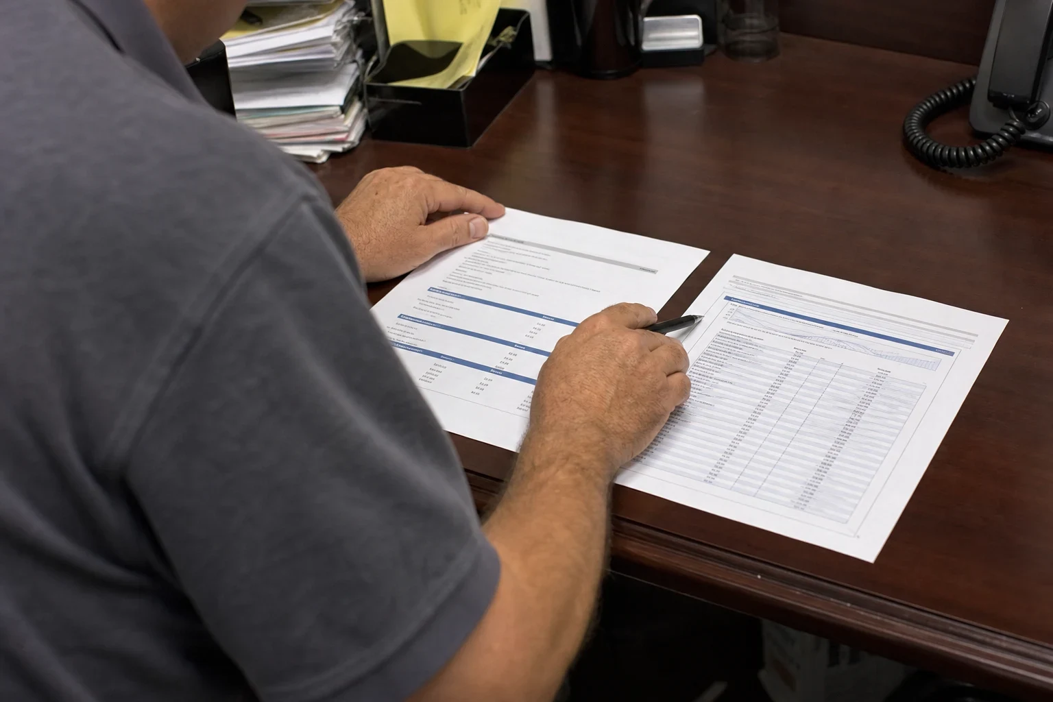 Man in a gray polo at a wooden office desk holding a pen over two printed financial documents laid side by side, with file trays and a desk phone nearby